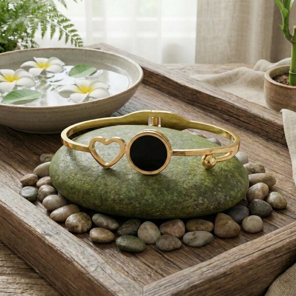 18K Gold Plated Stainless Steel Bangle Bracelet Heart Black Charm Minimalist - Picture 15 of 17